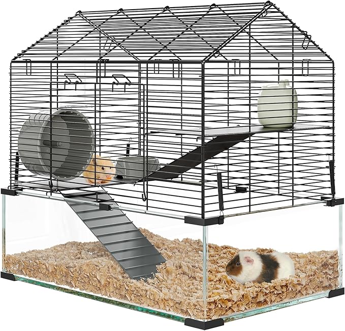3-Tier Large Hamster Cage, 360° View Metal Guinea Pig Cage with Deep Glass Base, Platforms, Ramps, Running Wheel, Water Bottle, Tool-Free Snap-on Assembly, Rat Cage for Syrian Dwarf Hamster Gerbil