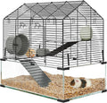 3-Tier Large Hamster Cage, 360° View Metal Guinea Pig Cage with Deep Glass Base, Platforms, Ramps, Running Wheel, Water Bottle, Tool-Free Snap-on Assembly, Rat Cage for Syrian Dwarf Hamster Gerbil