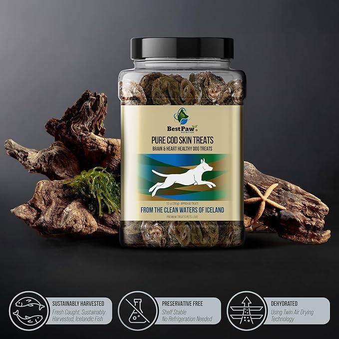 Best Paw Nutrition Wild Caught Fish Treats Icelandic Pure Cod Skins Reward Protein Snacks Rich in EPA & DHA K9 Brain Heart Skin & Coat Health Crunchy Dental Treats
