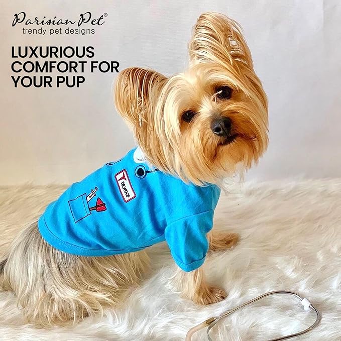 Parisian Pet Doctor Dog Costume - 100% Cotton Boy Dog Clothes for Small Dogs - Lightweight Puppy Outfits - Funny Chihuahua Clothes - Sleeved Woof Shirt for Dogs - Stretchy and Stylish Pet Costume