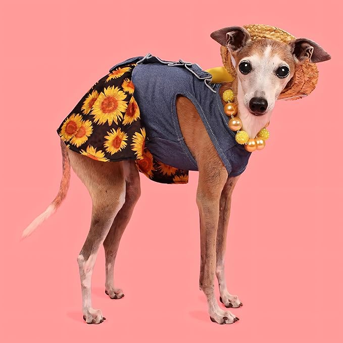 Fitwarm Sunflower Denim Dog Dress, Dog Clothes for Small Dogs Girl, Pet Cat Outfit, Blue, Black, Yellow, Red, XS