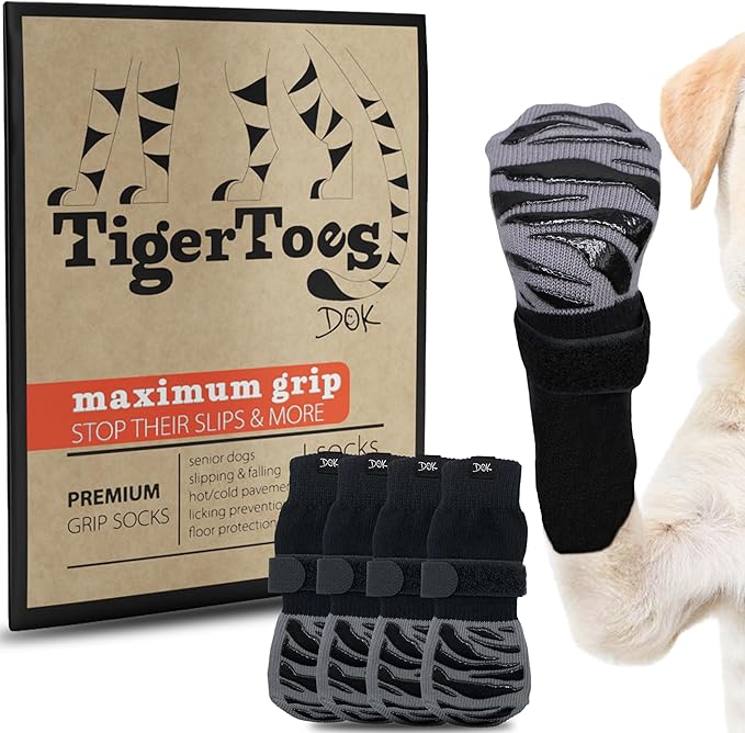 DOK TigerToes Premium Non-Slip Dog Socks for Hardwood Floors - Extra-Thick Grip that Works Even When Twisted - Prevents Licking, Slipping, and Great for Dog Paw Protection (XXS)