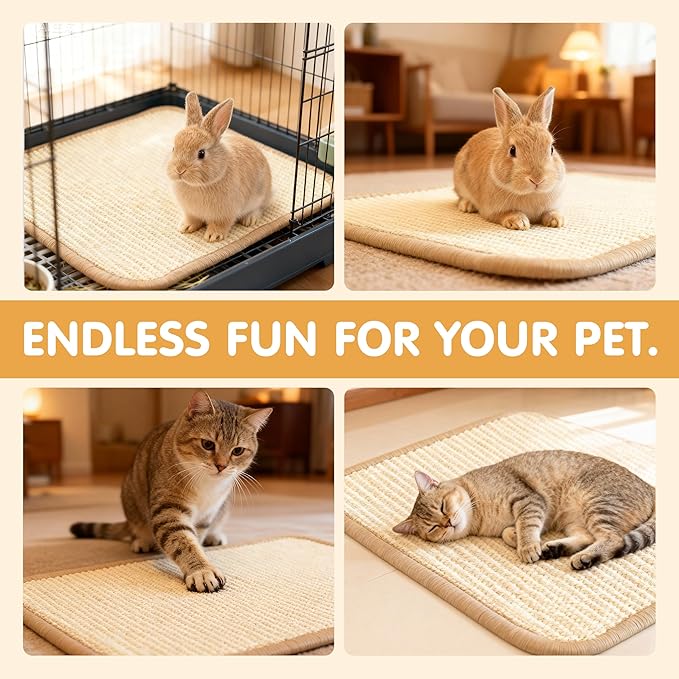 Rabbit Toys & Bunny Mat, Natural Sisal Nesting Pad Scratching Pad for Indoor Cage, 2-in-1 Bedding Mat & Chew Toy for Teething & Play, Helps Nail Health (2PCS, 16x12in)