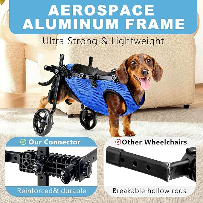 Dog Wheelchair for Back Legs, Adjustable Height/Length/Width, Sturdy Wheelchair with All-Terrain Shock-Absorbing Wheels, Mobility Support for Injured or Disabled Small & Medium Dogs & Cats
