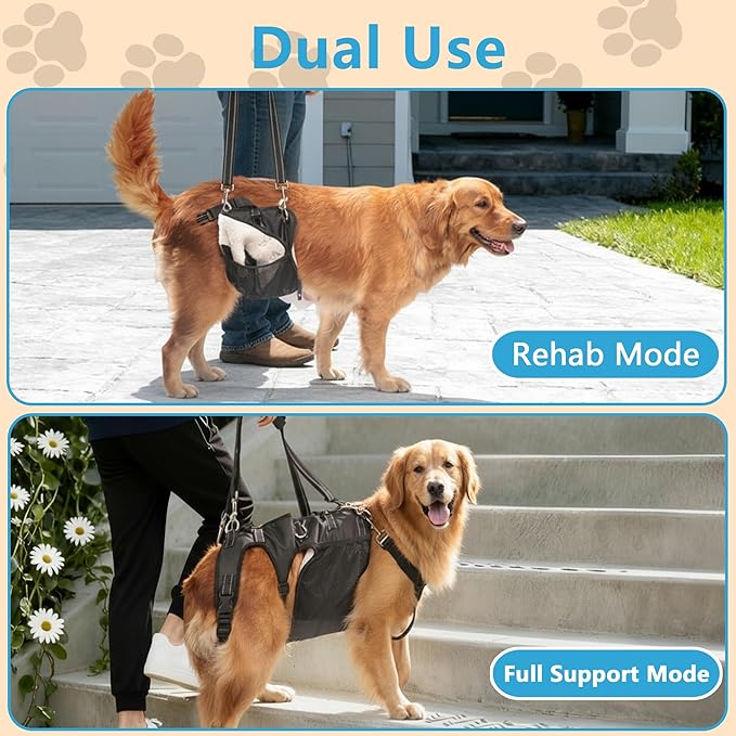 Dual-use Dog Lift Rehab Hareness Canine Sling for Large Pooch Rear Legs and Hip Support,Adjustable and Soft Brace Strap for After ACL Surgery, Helps Senior, Injured and Disabled K9