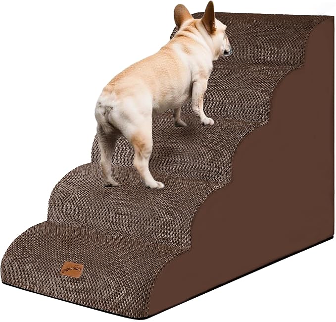 GoGoBunny Ramp Dog Stairs for High Beds 24.4" H, 5-Step Extra Wide Dog Slope Stairs with Durable Waterproof Fabric Cover, Pet Steps for Old Large Dogs Climbing, Non-Slip Sturdy Indoor Step, Brown