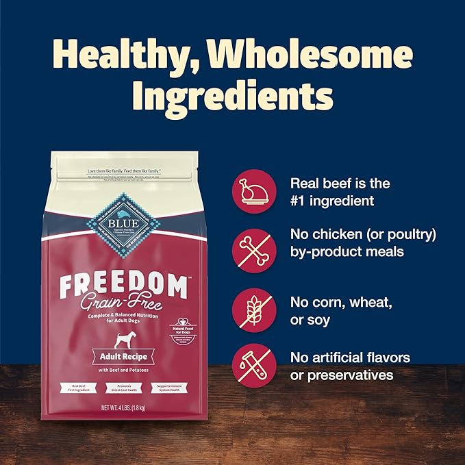 Blue Buffalo Freedom Grain-Free Dry Dog Food, Complete & Balanced Nutrition for Adult Dogs, Made in the USA with Natural Ingredients, Beef & Potatoes, 4-lb Bag