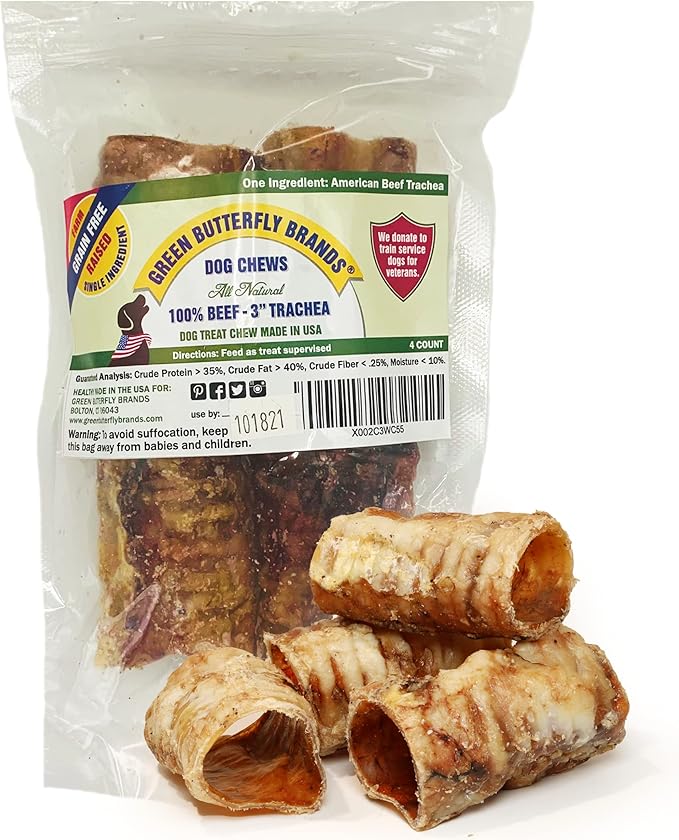 Dog Chews – Beef Trachea Dog Treat Chew Made in USA. Grass Fed Farm-Raised American Beef. Glucosamine Rich for Healthy Joints. All Natural Dental Chew (3" 4 PCS)