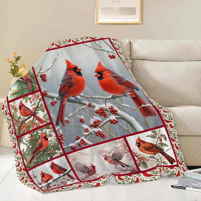Cardinal Blanket Red Bird Throw Blanket Gifts for Women Men Boys Girls Kids Adults Super Soft Cozy Plush Fluffy Fuzzy Fleece Blanket Home Decor 50''X60''