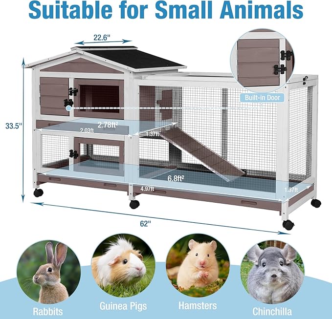 Rabbit Hutch Indoor, 62’’ Bunny Hutch Outdoor, Mobile Rabbit House with Wheels, Wooden Bunny Cage with Leakproof Tray, Chew-Proof Ramp for Guinea Pig(Brown)