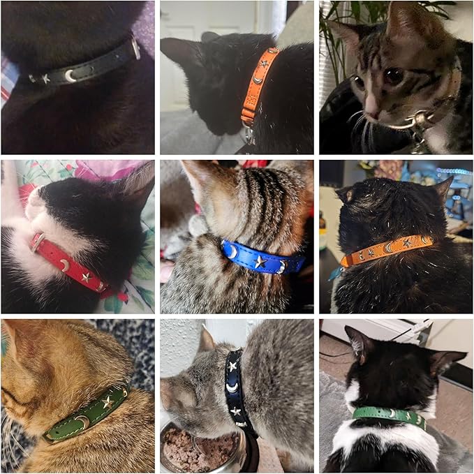 Leather Cat Collars for Boy Girl Cats with Bell and Safety Elastic Belt, Personalized Star and Moon Stud Adjustable Safe Buckle Collar for Kitty Small Big Cats Size 7-9 Inch, Red