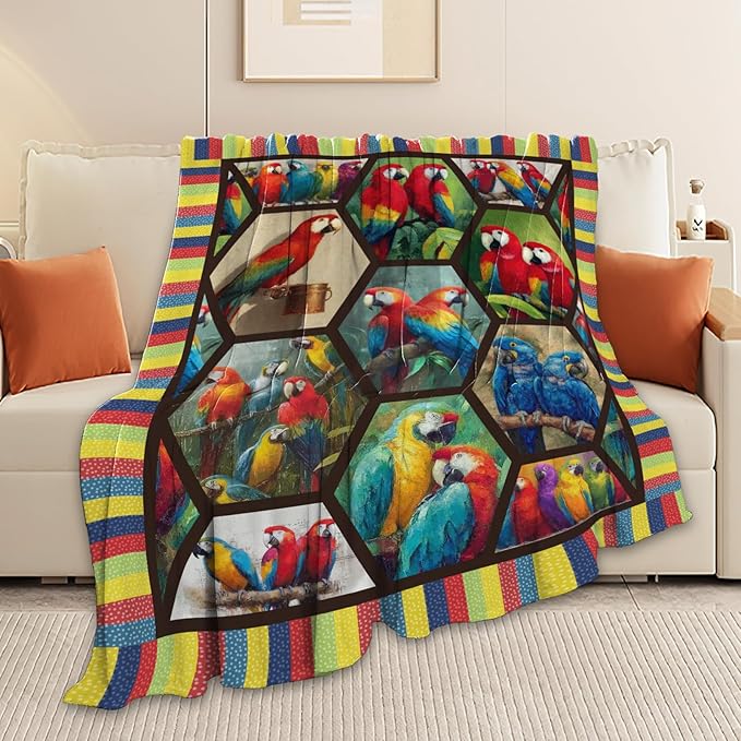 Parrot Bird Throw Blanket Macaw Stuff Gifts for Kids Girls Boys Adults Women Men Soft Cozy Warm Plush Fluffy Fuzzy Fleece Blanket Decor 50''X60''