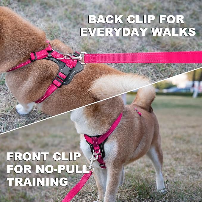 Plutus Pet Adjustable No Pull Dog Harness with Leather Accents, Heavy Duty Reflective Nylon Vest for Training, Hiking, Easy Walk Harness for Small, Medium, Large Dogs (Hot Pink, L)