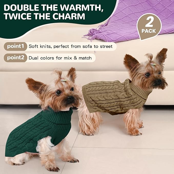 2 Pack Dog Sweaters for Small Dogs Winter Turtleneck Pullover Cable Knit Fleece Stretch Puppy Doggie Chihuahua Toy Poodle Yorkie Pomeranian Boy Girl Pet Clothes (XS, Green & Brown)