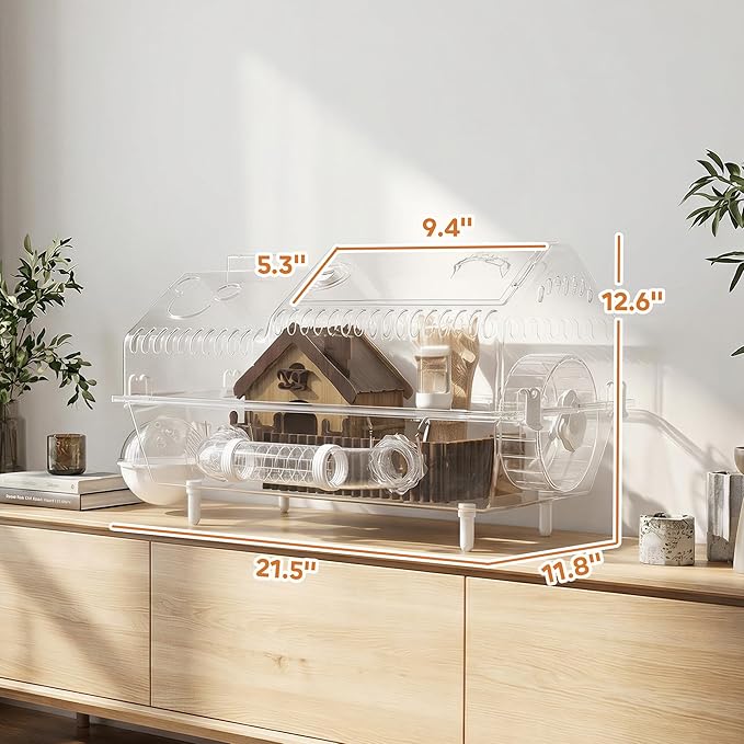 PawHut 8 in 1 PET Hamster Cage, Dwarf Hamster Cage with Large Wheel & Hideout, Small Animal Habitat with Accessories, Clear Pet House, 21.5" x 11.8" x 12.6"