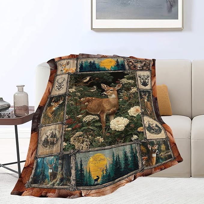 Deer Throw Blanket Hunting Deer Elk Stuff Gifts for Kids Girls Boys Adults Women Men Soft Cozy Warm Plush Fluffy Fuzzy Fleece Blanket Decor 60''X80''
