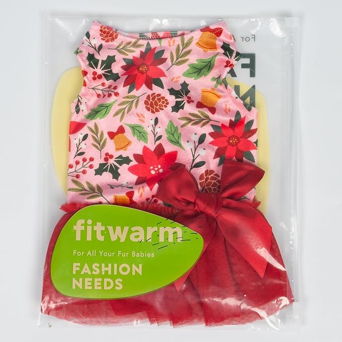 Fitwarm Christmas Flowers Dog Tutu Dress, Elegant Winter Clothes for Small Dogs Girl, Holiday Pet Outfit, Red, Pink, XXS