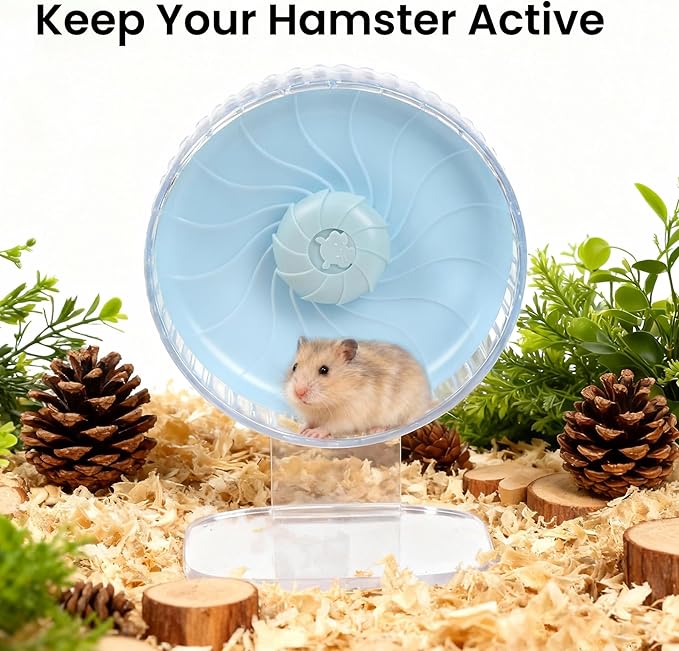 Silent Hamster Wheel, 8in Hamster Wheel with Adjustable Stand, Double-Bearing Quiet Spinner for Syrian Hamsters, Hedgehogs, Mice & Small Pets, Blue