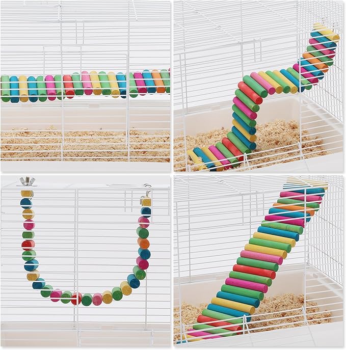 Hamster Bridge, Flexible Bendy Climbing Ladder, Hanging Wooden Hamster Stairs for Small Animals, 15.75" L x 3.15" W, Rainbow Color
