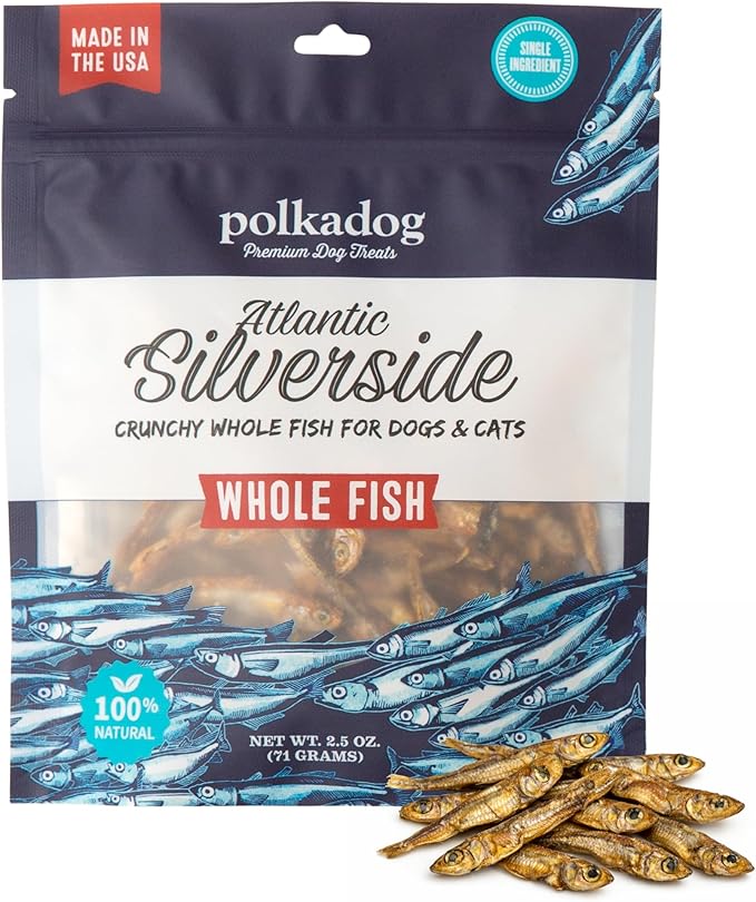 Polkadog Atlantic Silverside Whole Fish Dog Treats - All Natural, Single Ingredient Crunchy Premium Treats for Dogs, Wild Caught Fish, Great for Allergies, Handcrafted in USA - 2.5oz (1pk)