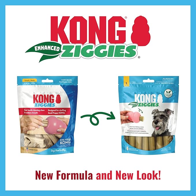 KONG Puppy Ziggies Enhanced - Teeth Cleaning Dog Treats for Puppies, Long-Lasting Chews, Works Classic Rubber Toys ((2 Pack) Small)