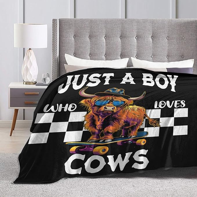 Just A Boy Who Love Cows Blanket Funny Highland Cows Decor Throw Blanket Gifts for Girls Boys Super Warm Soft Plush Fleece Flannel Cattle Blanket Couch Bedding Blanket for Adults Kids Women 50"X40"