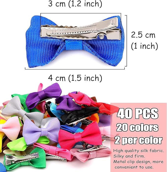 YAKA 40PCS (20 Paris) Cute Puppy Dog Small Bowknot Hair Bows with Metal Clips Handmade Hair Accessories Bow Pet Grooming Product