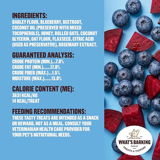 What's Barking Soft Bites, Soft Chewy Dog Treats for Training or Snacking, Pet Essentials, Bite Size Pieces for Dogs, Natural Ingredients, Made in USA, Resealable Bag (Pack of 1, Blueberry Beetroot)