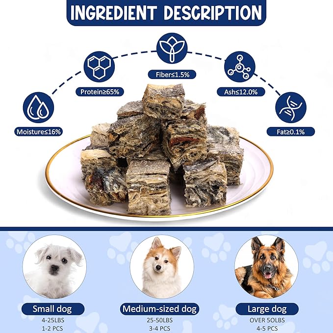 Natural Cod Skins for Dogs - Single Ingredient Dog Treats, Grain Free & Hypoallergenic - Dental Chews for Teeth Cleaning & Fresh Breath - Rich in Omega-3 for Skin & Coat Health (Cube 5.5 oz)