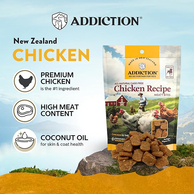 Addiction Meaty Bites Chicken Recipe - Dog Treats - Crafted in New Zealand - High Meat Content - Grain and Gluten-Free - Soft and Allergy Friendly Dog Treats - 4 Ounces