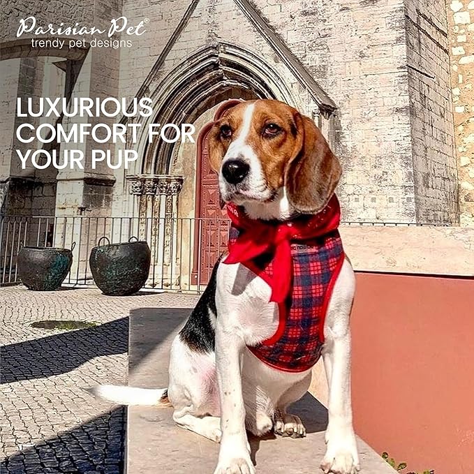 Parisian Pet Red Plaid Dog Harness - Breathable No Pull Puppy Harness with Leash Ring - Adjustable Harnesses for Dogs - Soft Padded Step-in Pet Vest - Lightweight Dog Vests for Large Dogs