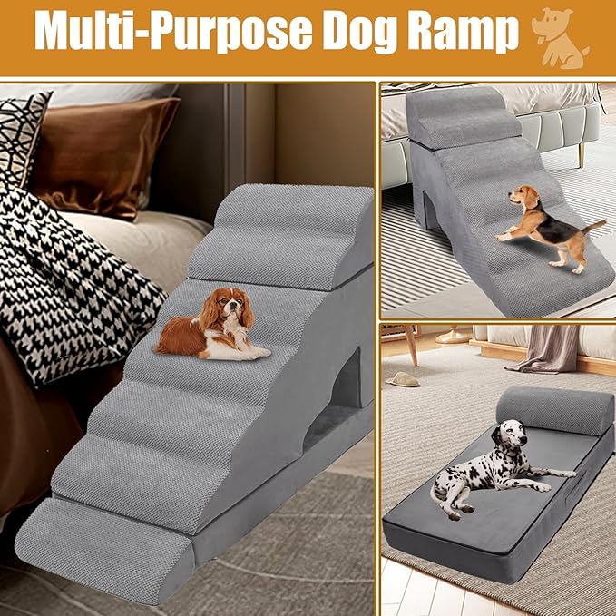 33" H Dog Stairs for High Beds 20-42 Inch Couch Bed, 7-Step Pet Stairs for Small Old Medium Large Dogs, Extra Wide Dog Ramp with Machine Washable Cover Indoor, 33D Foam Balanced 7-Tier Ladder for Bed