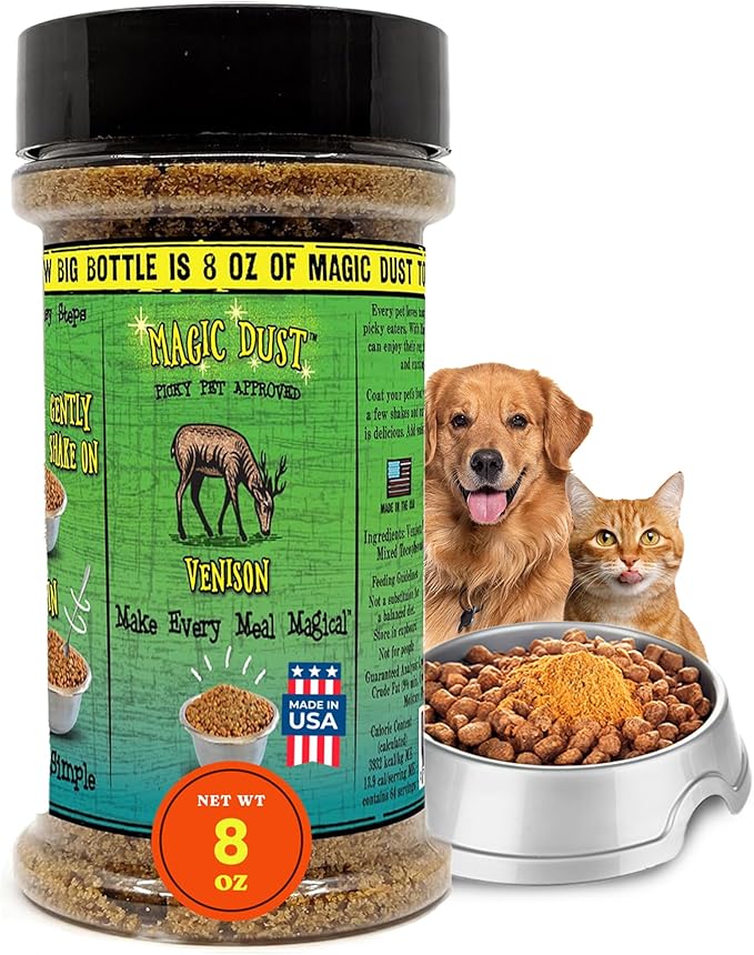Wild Meadow Farms - Dust Venison Jerky Topper, Single Protein Pet Food Topper for Dogs & Cats, Flavor & Elevate Mealtime Excitement for Picky Eaters - 8 Ounce Bottle in Venison Flavor