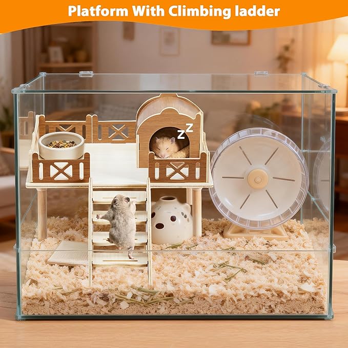 Hamster Platform for Cage with Protective Railings, Elevated Wooden Stand for Food Bowls, Water Bottles or Wheels to Expand Activity Space, Cage Platforms with Climbing Ladder for Hamsters and Gerbils