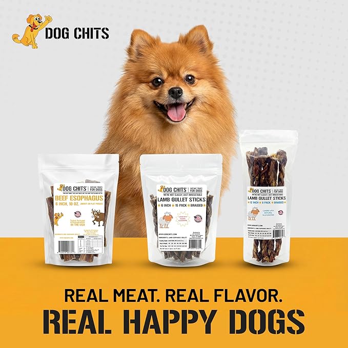 Dog Chits Lamb Esophagus Chews for Dogs & Puppies - Natural Single Ingredient - High Protein, Low Fat Lamb Chew - Long Lasting, Easily Digestible - Great for Joint - Dental Clean Crunch - 6inch, 15pck