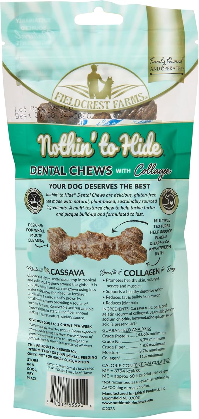 Fieldcrest Farms Nothin’ to Hide Dental Chews with Collagen – 3" Beef‑Flavor Bones, 12‑Pack