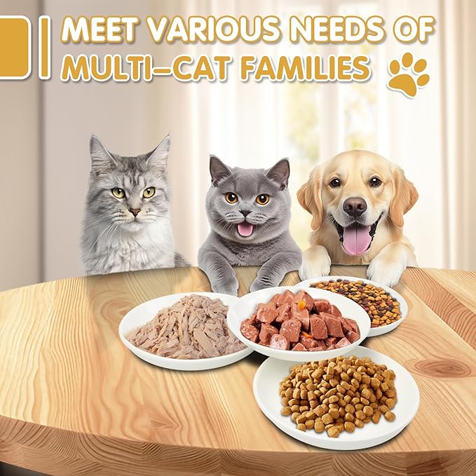 6 Pack Cat Food Bowl, Ceramic Cat Bowls, Anti Whisker Fatigue Cats Bowl Set,5.5 Inches Shallow Wide Kitten Plates for Food and Water (White-B)