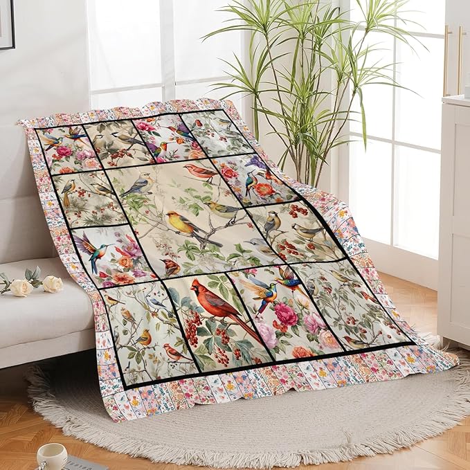 Bird Blanket Cardinal Hummingbird Sparrow Bird Throw Blanket Gifts for Women Men Boys Girls Kids Adults Super Soft Cozy Plush Fluffy Fuzzy Fleece Blanket Home Decor 50''X60''