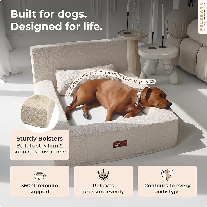 Pelsbarn Real Orthopedic Dog Bed, High-Density Memory Foam with Waterproof Fitted Sheets - Machine Washable, Large, Beige