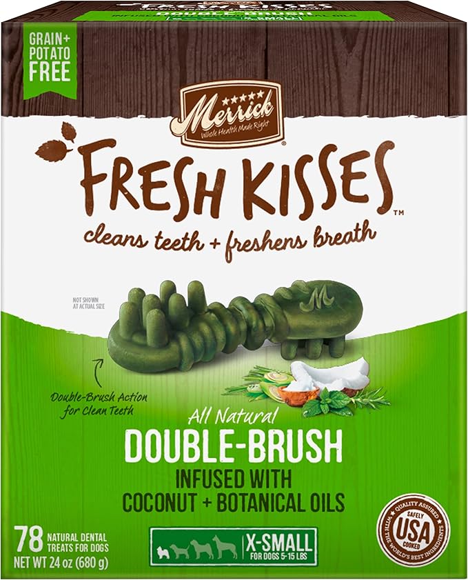 Merrick Fresh Kisses Double-Brush Dental Dog Treats, Infused with Coconut & Botanical Oils, Cleans & Freshens Breath for X-Small Dogs, 78 Dental Dog Treats/Pack (Pack of 2)