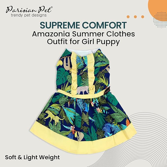 Parisian Pet Amazonia Dog Dress - Summer Clothes for Medium Dogs Girl - Tropical Pet Dress - Beach Dog Outfit - Lightweight Puppy Clothes - Jungle Print Dresses for Dogs - Female Dog Apparel