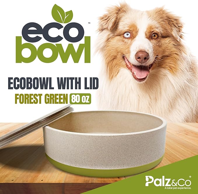 Palz&Co EcoBowl with Lid for Dogs & Cats, 80 oz Green - Natural Bamboo Pet Bowl with Non-Slip Base, Pet Food and Water Dish, Dishwasher Safe