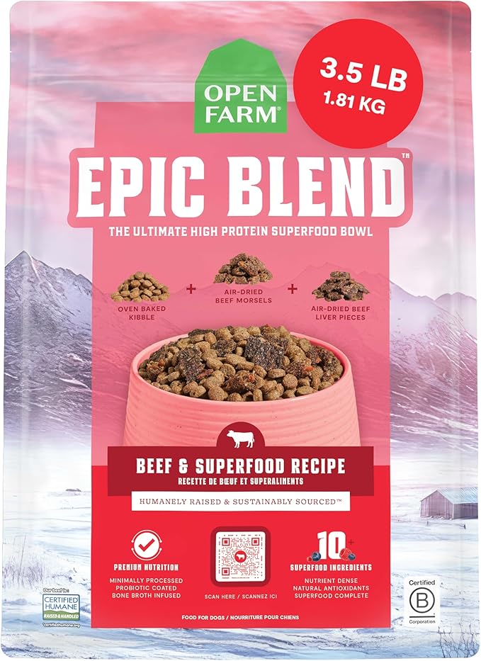 Open Farm, Epic Blend High Protein Dry Dog Food, Probiotic Coated & Bone Broth Infused Kibble with Air Dried Meat & Organs, Minimally Processed & Nutrient Dense, Beef & Superfood Recipe, 3.5lb Bag