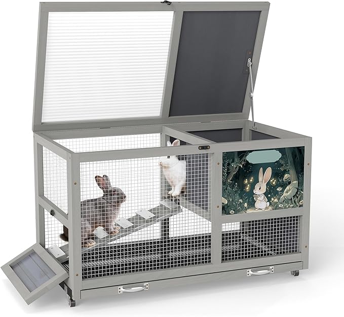 COZIWOW 36.5-Inch Double-Decker Wooden Rabbit Hutch with Wheels, Featuring A Cleaning Tray and Ladder—Stylish and Easy to Assemble（Grey and Pattern）
