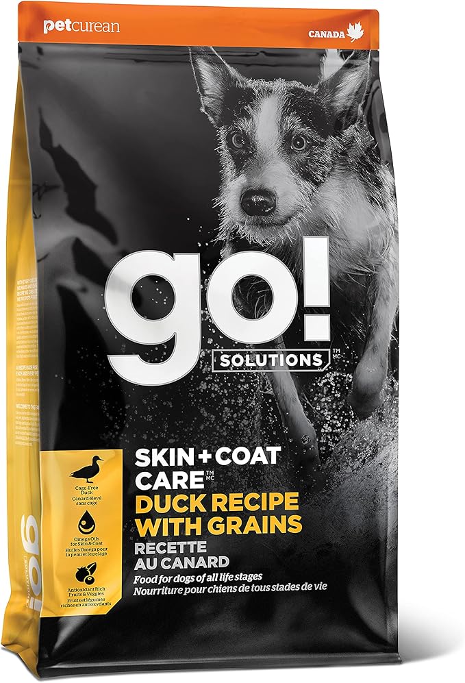Go! Solutions Skin + Coat Care Duck Dry Dog Food with Grains, Chicken-Free, Healthy Kibble with Omega-3s & 6s for Soft, Shiny Fur, for Puppies, Adults, & Seniors, 3.5 lb Bag