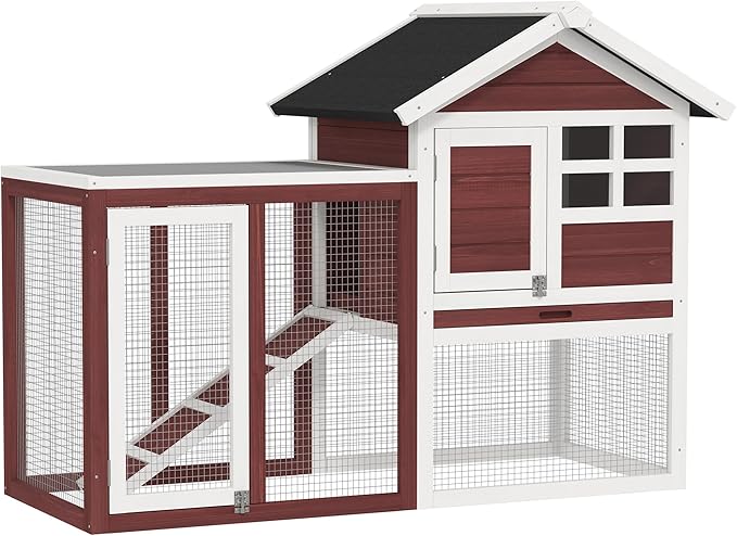 PawHut 49" Wooden Rabbit Hutch Bunny Cage with Waterproof Asphalt Roof, Fun Outdoor Run, Removable Tray and Ramp, for Rabbits, Chickens, Ducks, Brown