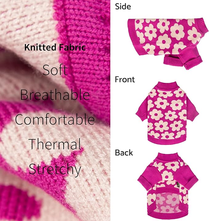 Fitwarm Floral Dog Sweater, Thermal Dog Sweatshirt, Dog Winter Clothes for Small Dogs Girl, Doggy Pullover Jumper, Pet Outfit, Hot Pink, White, Medium
