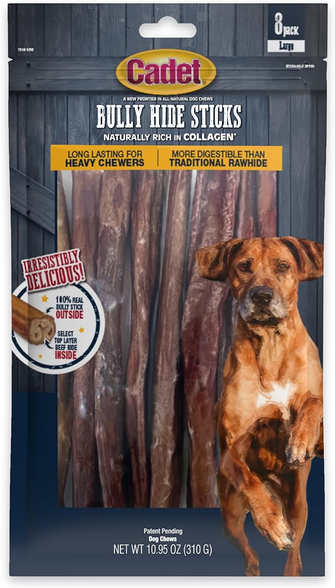 Cadet Bully Hide Sticks for Large Dogs – All-Natural Beef Pizzle, High Protein, Low Fat, Long-Lasting, Grain & Rawhide-Free Dog Chews for Aggressive Chewers, Large (8 Count)