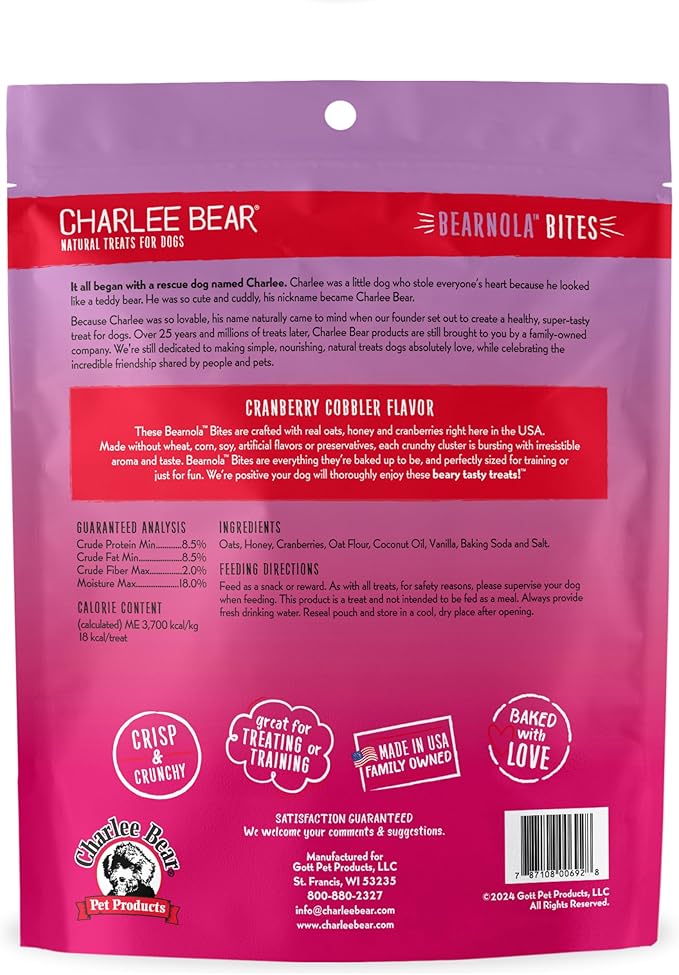 Charlee Bear Bearnola Bites Crunchy Dog Treats, Cranberry Cobbler, 8 Ounce Resealable Bag, Limited Ingredient, Natural, Healthy Granola Dog Snacks, Made in USA