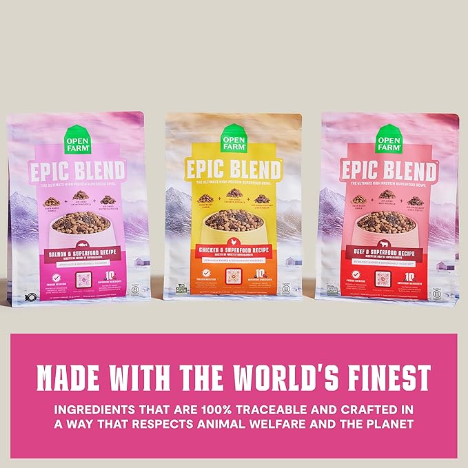 Open Farm, Epic Blend High Protein Dry Dog Food, Probiotic Coated & Bone Broth Infused Kibble with Air Dried Meat & Organs, Minimally Processed & Nutrient Dense, Salmon & Superfood Recipe, 18lb Bag